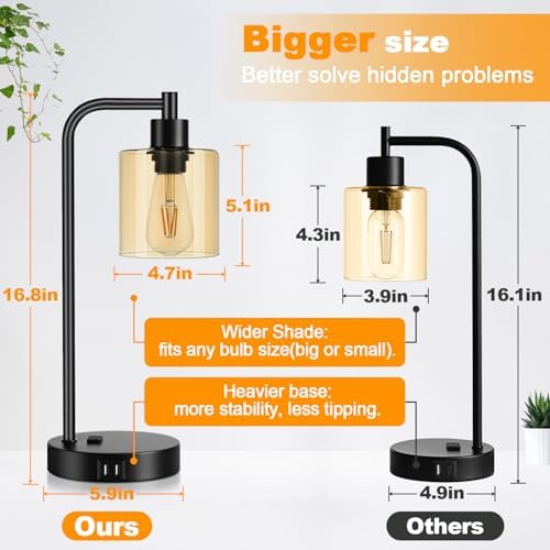 Set of 2 Industrial Touch Control Table Lamps with 2 USB Ports and AC Outlet - 3-Way Dimmable Black Bedside Lamp Nightstand Desk Lamps for Bedroom Living Room, Amber Glass Shade & 2 LED Bulbs Included