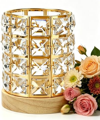 5-in-1 LED Crystal Night Light Wooden Base Makeup Brush Holder Pen Cup