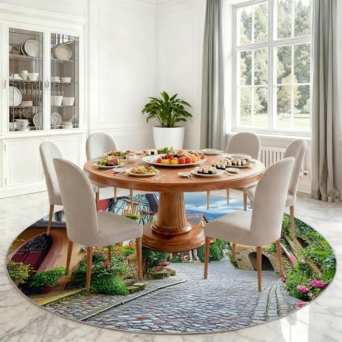 Munich Round Rug - 4ft Washable Vintage Town Round Area Rug for Living Room, European Landscape Circle Rugs Soft Non-Slip Carpet for Bedroom Kitchen Dining Table Decor Mat