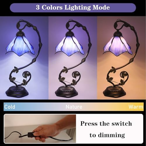Stained Glass Table Lamp, Blue Flower Style Metal Leaf Base Desk Reading Light, Adjustable 3 Color Temperature Decor for Bedroom Home Office