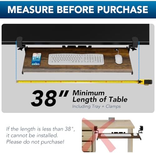 AX WABER Keyboard Tray Under Desk Pull Out with Extra Sturdy C Clamp Mount System, 32.8 (38 inch Including Clamps) x 12 Inch Slide-Out Platform Computer Drawer for Typing Vintage AX01WG202