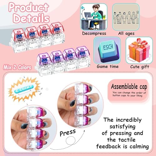 2 PCS Keyboard Fidget Toy, Keyboard Fidget Keychain 4-in-1 Keyboard Decompression Button Finger Clicker Toys, Button Stress Relief Fidget Gifts to Relief Stress (Pink Purple)