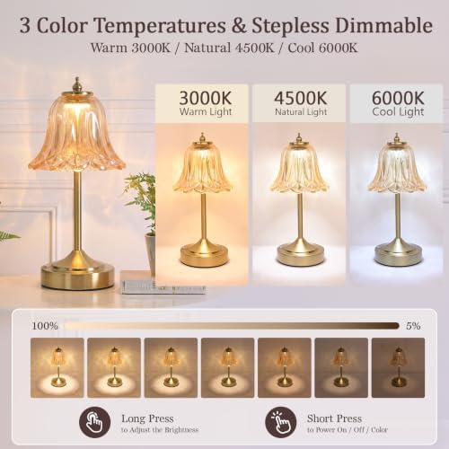 Cordless Table Lamp, Rechargeable Amber Glass Tulip Flower Touch Lamp