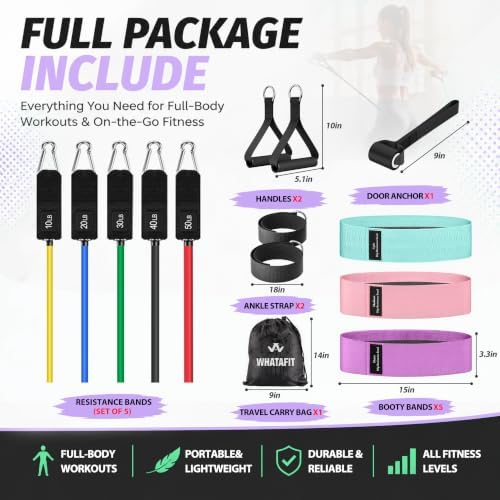 WHATAFIT Resistance Bands with Handles, 150 lb Exercise Bands Set