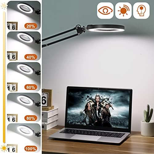 VEEMAGNI 5 Inch Large Magnifying Glass with Light and Stand, 5 Color Modes Stepless Dimmable, 2*16 Inch Swivel Arm LED Clamp Desk Lamp, Hands Free 15X Lighted Magnifier for Close Work Crafts Soldering