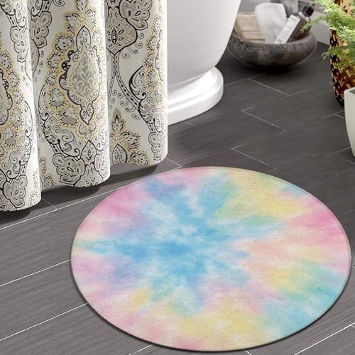 Large Home Decor Mat, Soft Round Yoga Carpet, Non Slip Machine Washable Kitchen Office Circle Rug Pink Rainbow Tie Dye