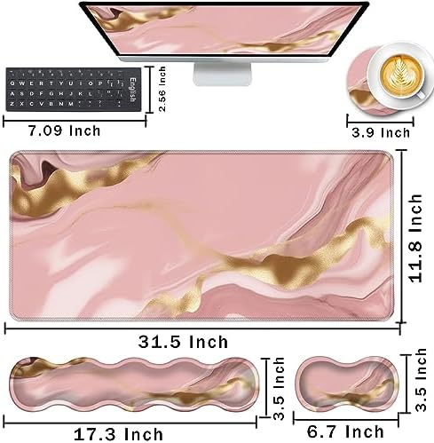 Keyboard Wrist Rest and Mouse Pad with Wrist Support Set Ergonomic Coaster,Memory Foam,Easy Typing Pain Relief,Large XL Desk Mat 31.5"x 11.8",Pink Marble