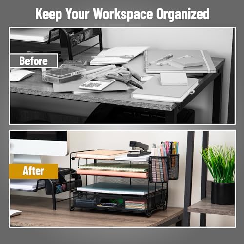 Mind Reader Mesh Desk Organizer, 3 Trays, 1 Drawer, 2 Pen Holders, Office Desktop Organizer, Metal Mesh, Black