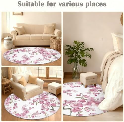 Floral Round Rug - 4ft Washable Abstract Floral Round Area Rug for Living Room, Modern Minimalist Circle Rugs Soft Non-Slip Carpet for Bedroom Kitchen Dining Table Decor Mat