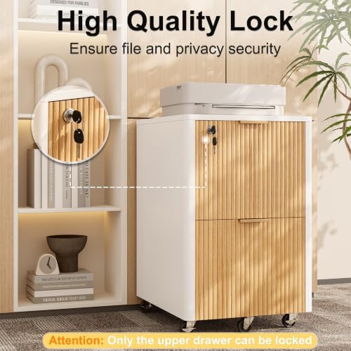 2 Drawers Fluted Mobile File Cabinet with Lock, Rolling File Cabinet Printer Stand Table, Under Desk Wooden Filing Cabinets for Home Office Essentials Storage Organization Furniture Letter/Legal/A4