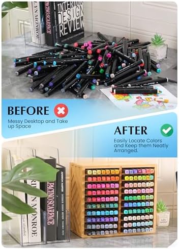 Bamboo Marker Organizer for Desk, Marker Storage Organizer for 140 Markers，Pens, Pencils and Art Brushes，Wooden marker holder for Home, Classroom and Office Decor,Bamboo