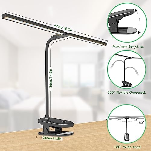 LED Reading Light with Clip, Desk Lamp 48 LEDs 2600mAh Battery USB Rechargeable Book Lights Stepless Adjustable Brightness Eye Protection Table Lamps for Bed Headboard, Home, Office - Black
