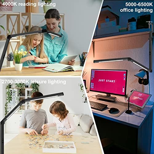 LED Desk Lamp with Clamp, Architect Desk Lamp with Dual Light and Adjustable Swing Arm, Clip-on Eye-Care 4 CCT Modes & 5 Brightness Levels Table Light Modern Computer Lighting for Home Office
