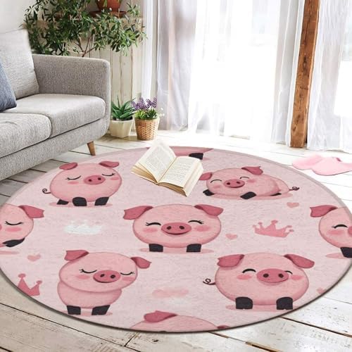 Soft Round Yoga Carpet, Large Home Decor Mat, Non Slip Machine Washable Kitchen Office Circle Rug Cute Pig Pink