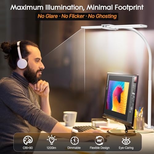 Syrinx LED Desk Lamp, Double Head Gooseneck Desk Lamps for Home Office with Gesture Switch & Wired Control, 12W Bright Modern Desk Light Eye-Caring Office Desk Lamp with Clamp for Crafting Reading