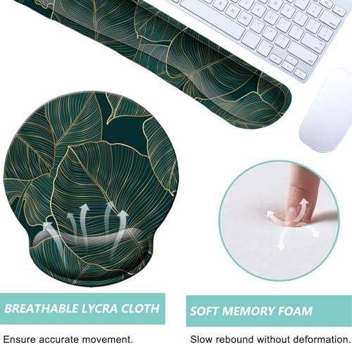 Keyboard Wrist Rest Pad Mouse Pad with Wrist Support Set of 3, Mousepad with Non-Slip Rubber Base, Ergonomic Memory Foam Mouse Wrist Cushion Support for Home Office Laptop Computer, Green Leaves