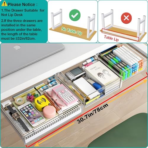 SVNNELP Under Desk Table Drawer Storage Organizer,3 Pack Small & Medium & Large Slide Out Desk Drawers - Hidden Desktop Organizer,Adhesive Storage Pencil Tray Under Table(Clear/LMS)