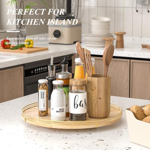 AMH 18-Inch Rustic Lazy Susan with Solid Oak Base and Gold Iron Rail