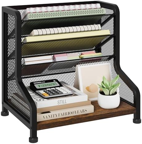 SWTYMIKI Paper Organizer, Mesh and Wood Desk Office Organizer, Office Organization and Binder Storage for Workspace, Home, School, Espresso