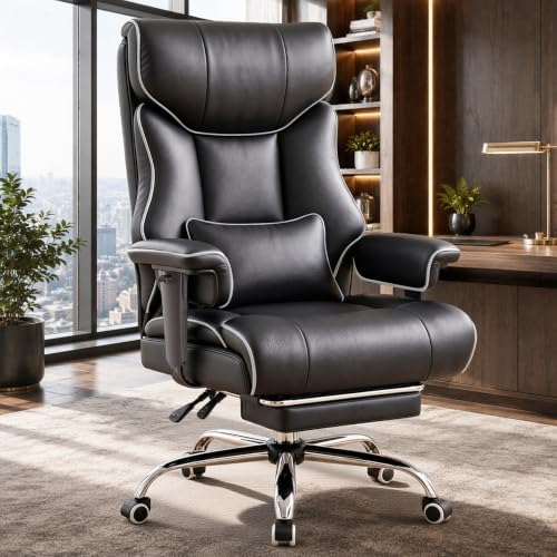 COMHOMA Big and Tall Office Chair,Heavy Duty Gaming Chair with Foot Rest and Wide Pocket Spring Cushion Reclining Height Adjustable for Home Office Work, Comfy Pu Leather Black-White