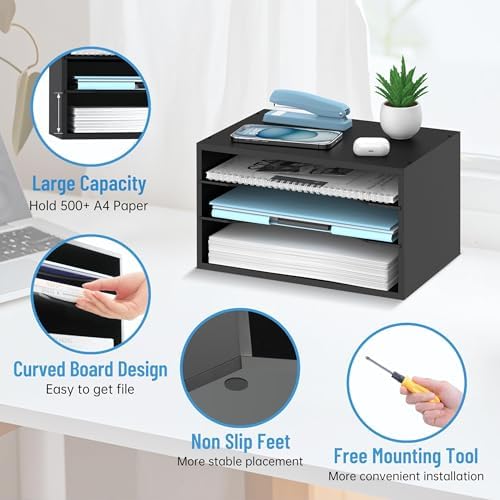 3-Tier Paper Organizer for Desk, Adjustable Mail Organizer, Black