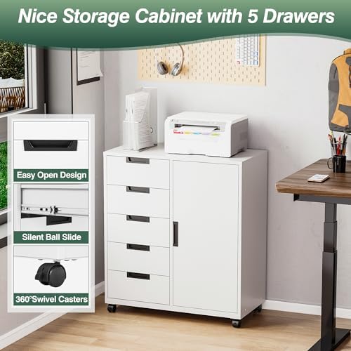 MIIIKO 5 Drawer Storage Cabinet with Door and Shelf, Mobile Lateral Cabinet on Wheels, Office Small Organizer Printer Stand, White File Cabinets
