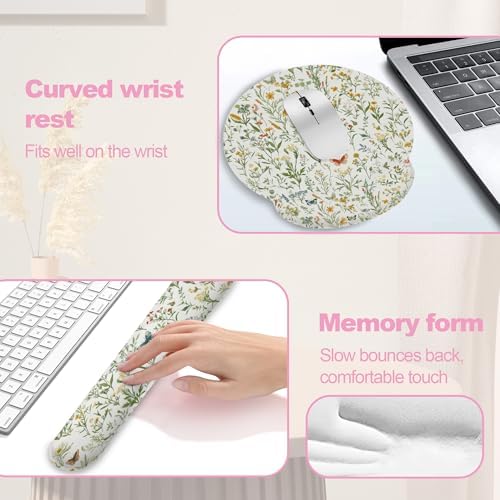 Wildflowers Butterfly Mouse Pad with Wrist Rest and Keyboard Wrist Rest Set, Vintage Garden Plants Herb Flower Non-Slip Rubber Base Memory Foam Mouse Pad Set for Women, Office Desk Accessories, Gaming