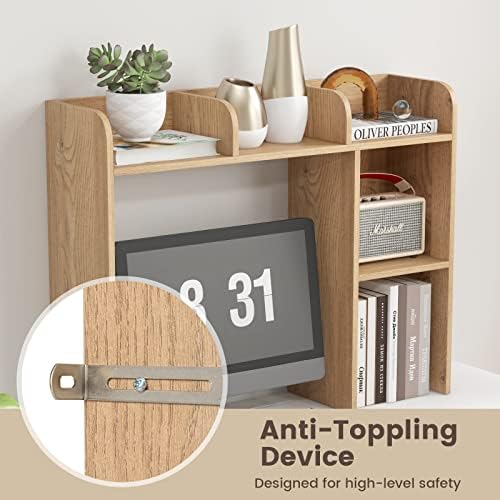 GIANTEX Desktop Bookshelf, Wood Desk Hutch Organizer for 27 Inch Computer Monitor, Countertop Storage Display Rack with 5 Shelves, Multipurpose Desktop Shelf Bookcase for Dorm Office Home, Natural