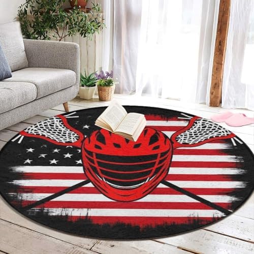 Fashion Round Area Rug Large Non Slip Carpet Unisex Home Decor Mat Lacrosse American Flag