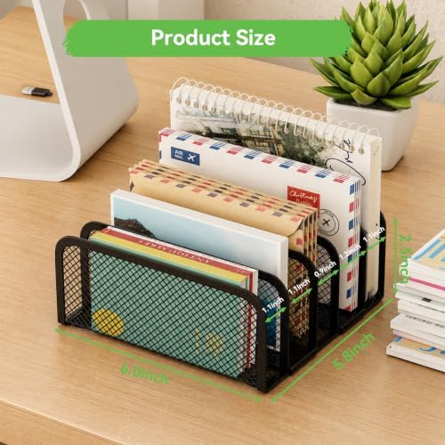 Mail Organizer Countertop, Metal File Holder with 5-Slot, Small Desk File Organizer for Letter, Bill, Mail Sorter, Desktop Letter Folder Holders for Office, Home, School (Black)