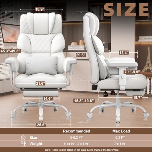 Vonesse Office Chair, Desk Chair with Soft Adjustable Armrests, Ergonomic High Back Gaming Chair with Lumbar Support, Executive Computer Chairs with Footrest (PU Leather,White)