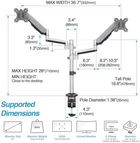 AVLT Dual Stacked Monitor Arm Desk Mount for 17-32", Extra Tall - Silver