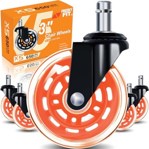 Office Chair Wheels for Casters Replacement - 3" Rubber Wheels for Computer Gaming Desk Caster Smooth & Safe Rolling for All Floors Including Hardwood and Carpet - Set of 5 - Orange