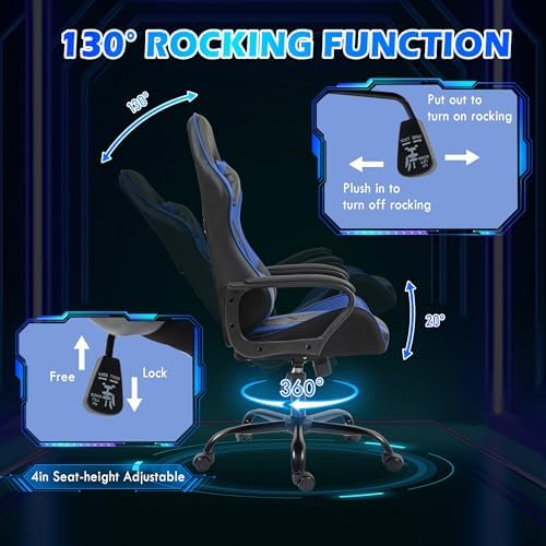 ECOTOUGE Blue Ergonomic Gaming Chair Massage Lumbar Rocking High Back