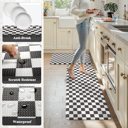 KIMODE Anti Fatigue Kitchen Mat for Floor,Black and White Plaid Kitchen Rug