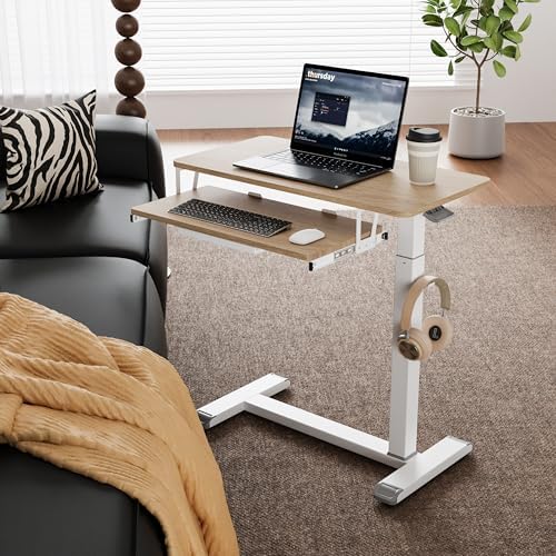 ETHU Height Adjustable Mobile Overbed Table with Keyboard Tray, Oak