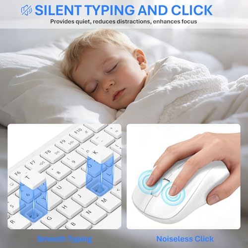 Wireless Keyboard and Mouse Combo, Full-Size Silent Ergonomic Keyboard and Mouse, Sleep Mode, Long Battery Life, 2.4G Lag-Free Cordless Mice Keyboard Set for Computer, Laptop, PC, Mac, Windows (White)