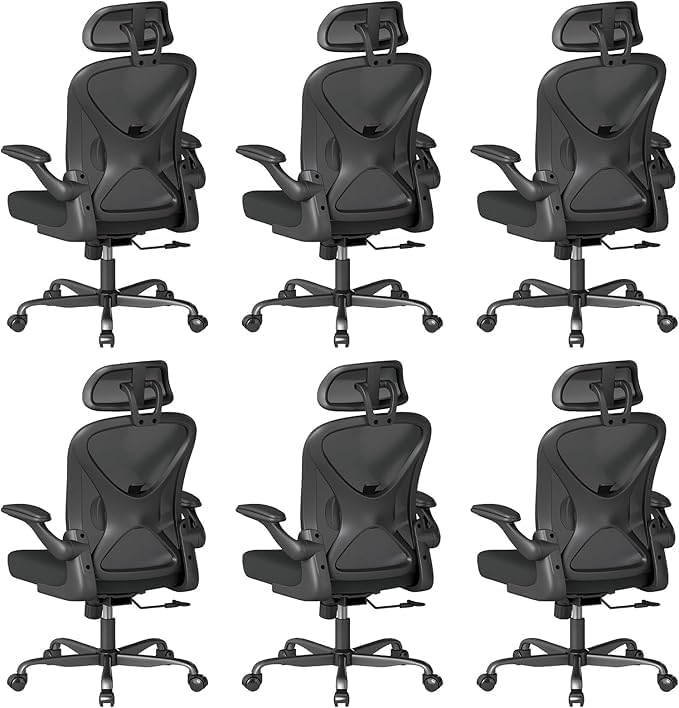 Ergonomic Mesh Office Chair, Home Computer Chair with Flip-Up Armrests, Adjustable Lumbar Support and Headrest, Height Adjustment, Smooth Casters, and 360° Swivel, 6PC, Black