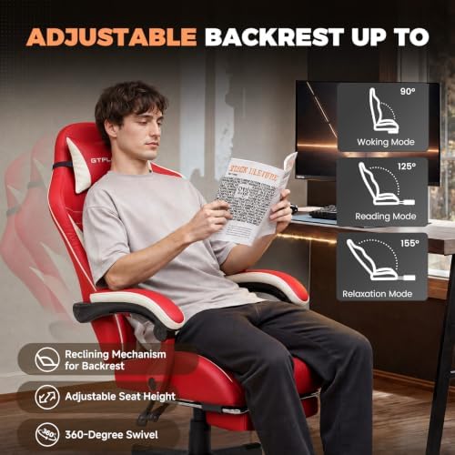 GTPLAYER Gaming Chair with Footrest, Ergonomic Office Chair 400lbs Heavy Duty, Big and Tall Computer Desk Chair with Lumbar Support and Headrest, Faux Leather 90-155° Recline Red