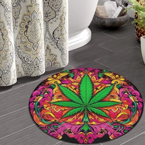 Room Sofa Yoga Soft Round Carpet, Home Decor Non Slip Kitchen Office Circle Rug, Machine Washable Modern Round Area Rug Trippy Green Weed Leaf Art, 24inch