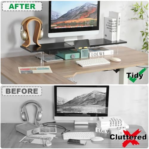 TEAMIX 39.4 inch Dual Monitor Stand with Acrylic Leg, Drawer & Phone Holder