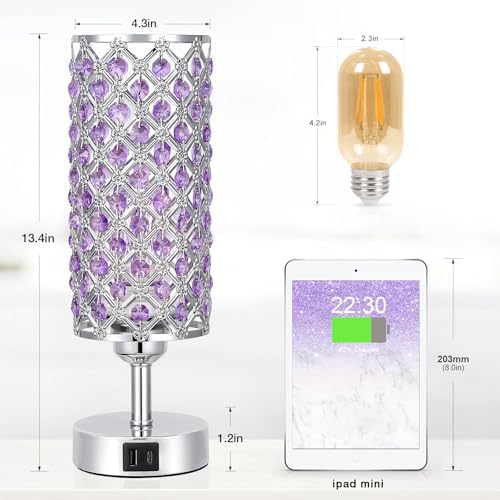 Hong-in Purple Crystal Table Lamp with USB C+A 3-Way Dimmable Bedside Lamp