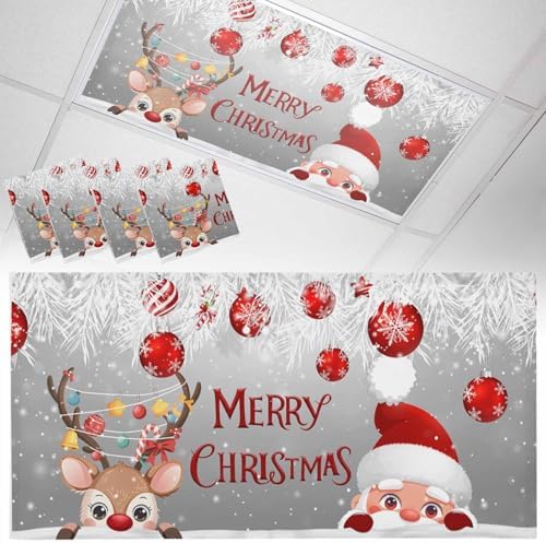 Santa Claus Magnetic Fluorescent Light Covers for Ceiling Lights 2 x 4 Feet,Red Grey Christmas Elk Ball Pine Silver Office Classroom Kitchen Drop Ceiling Light Covers Filters Shade Panel 4 Packs