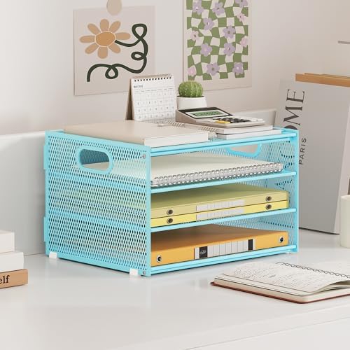 4 Tier Paper Organizer with Handle,Letter Tray Blue Desk Organizer Set