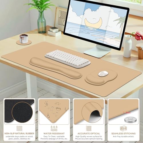 4 PCS Mouse Pad Desk Mat Protector, Keyboard Wrist Rest + Comfortable Mouse Pad Wrist Rest +Coaster, Large Gaming Mousepad for Computer Laptop, 35.4"X 15.7" Deskpad for Office Home I Sand Color