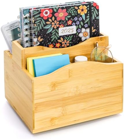 DEAYOU Bamboo Rotating Remote Caddy, 360 Degree Spinning Remote Control Holder, 5 Compartment Revolving Nightstand Bedside Table Organizer for Controller, Pen, Phone, Mail, Calculator, Office