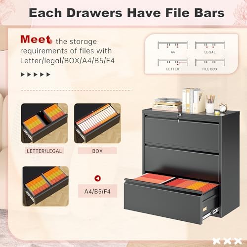 Superday Lateral File Cabinet 3 Drawer Metal File Cabinet with Lock, Black Filing Cabinets for Home Office, Locking Filing Cabinets Hanging Files Letter/Legal/F4/A4