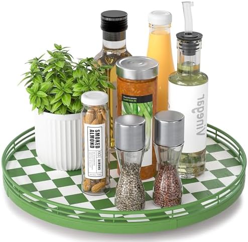 AMH 13-Inch Green and White Checkerboard Lazy Susan with Rubberwood Base