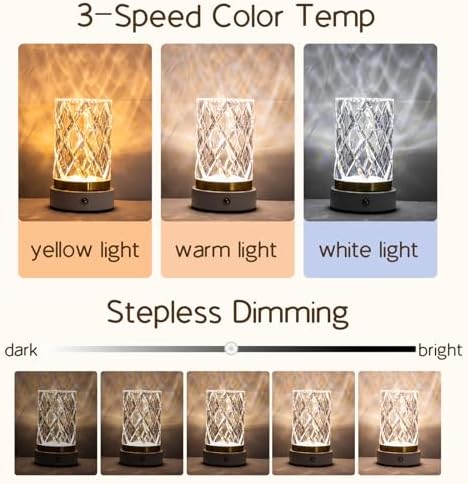 Crystal Table Lamp, Portable LED Bedside Lamp Touch Control, 3 Color Modes Dimmable, USB Rechargeable Night Light, Water Cup Design for Bedroom Living Room Home Decor