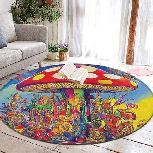 Machine Washable Modern Round Area Rug, Room Sofa Yoga Soft Round Carpet, Home Decor Non Slip Kitchen Office Circle Rug Trippy Mushroom Magic Art, 60inch